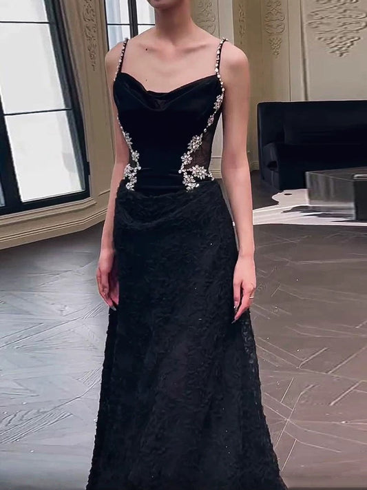 Sexy Mermaid Spaghetti Straps Black Floor Length Evening Dress Prom Dresses SD1632