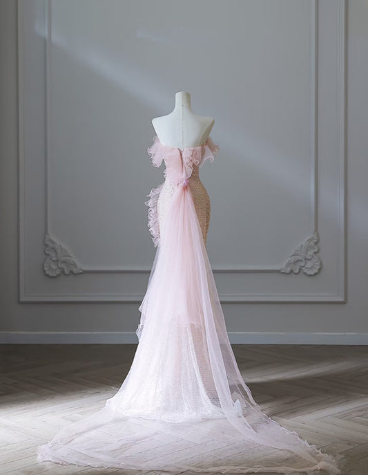 Modest Mermaid Strapless Pink Tulle Flowers Evening Dress Long Prom Dresses SD1650
