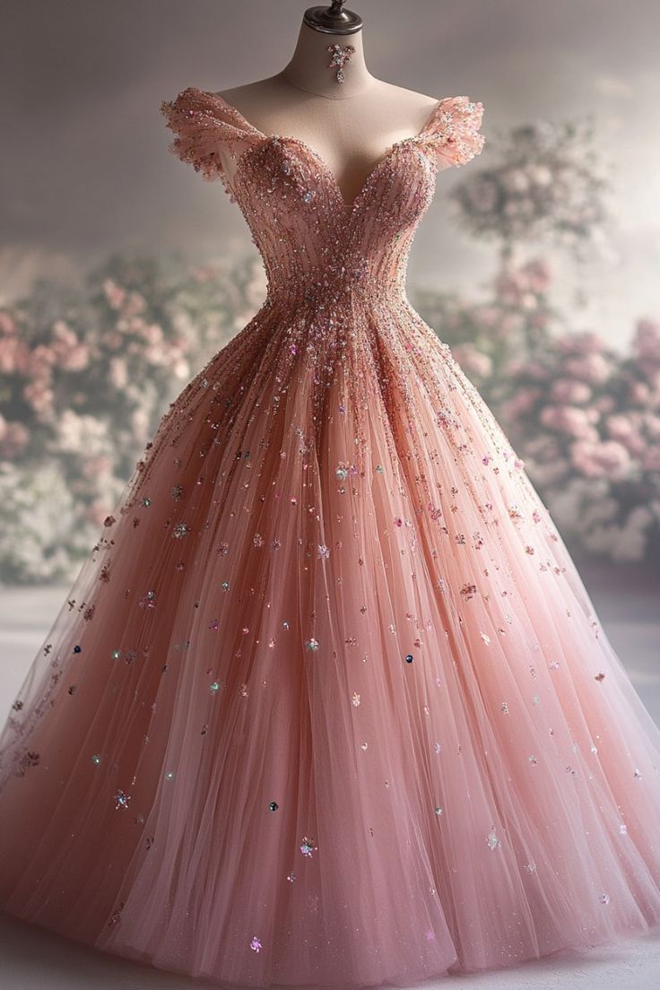Aesthetic Ball Gown Off The Shoulder Pink Tulle Party Dress Long Prom –  SweetDress