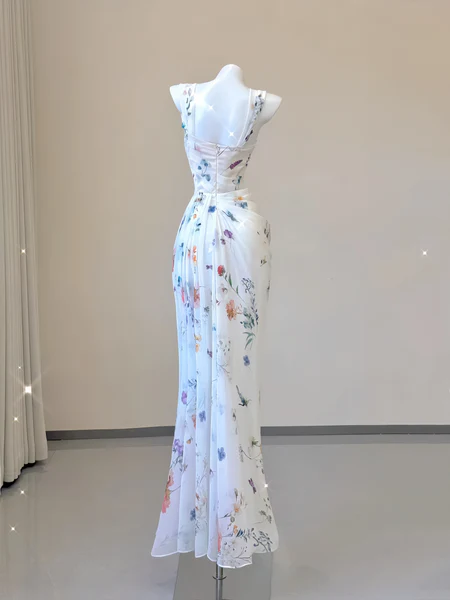 Sexy White Mermaid Straps Chiffon Floral Evening Gowns Long Prom Dresses SD1825