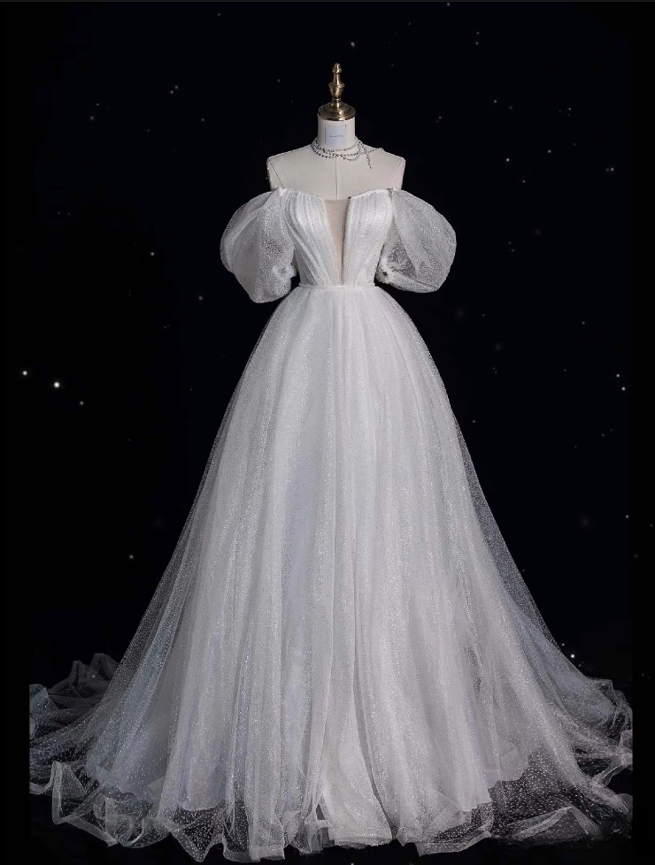 Unique Ball Gown Off The Shoulder Sequin Short Sleeves White Wedding D