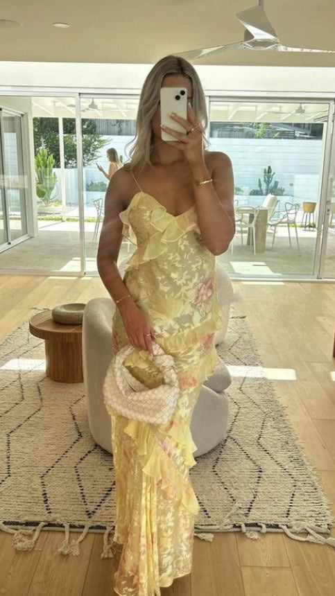 Classy Yellow Spaghetti Straps Chiffon Beaded Mermaid Long Party Dress Formal Birthday Evening Dress