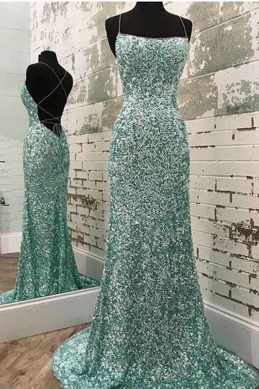 Sexy Mermaid Spaghetti Straps Maxi Long Party Blue Sequin Prom Dresses Evening Dress SD2378