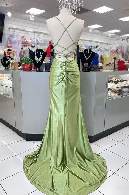 Pretty Sage Scoop Neck Satin Mermaid Long Prom Dress with Slit Formal Gown Evening Dress SD2419