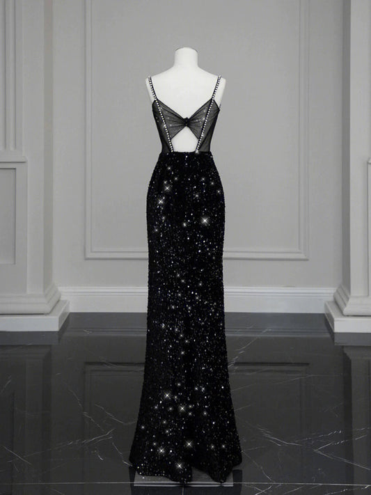 Classy Mermaid Spaghetti Straps Black Sequin Slit Long Evening Gowns Prom Dress SD2744