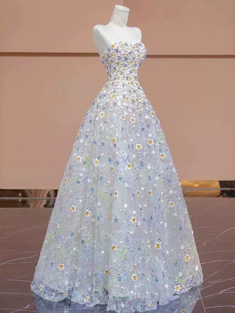Gorgeous Balll Gown Sweetheart Floral Tulle Long Evening Dress Prom Dresses SD2749