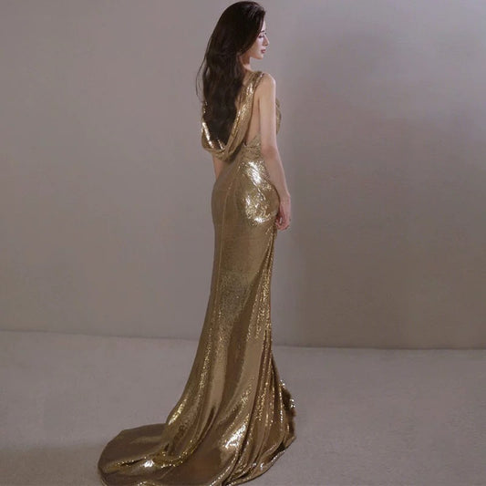 Classy Mermaid Straps Gold Sequin Long Evening Gowns Prom Dress SD2770