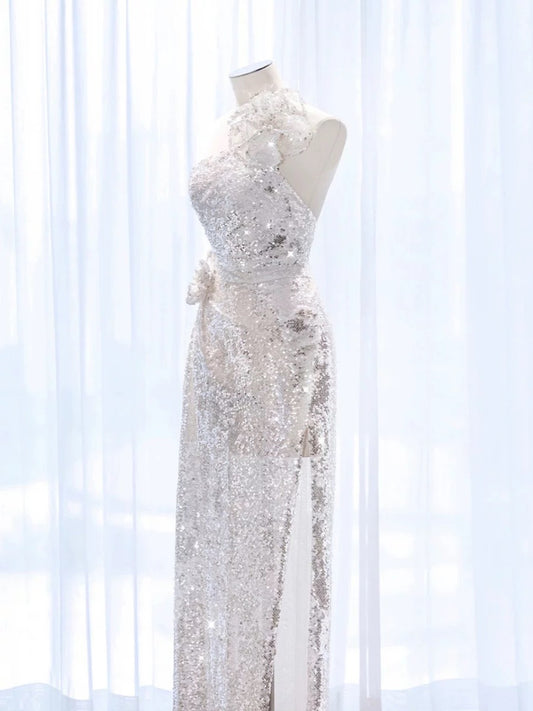 Pretty A Line One Shoulder Silver Sequin Long Length Evening Dress Prom Dresses SD2777