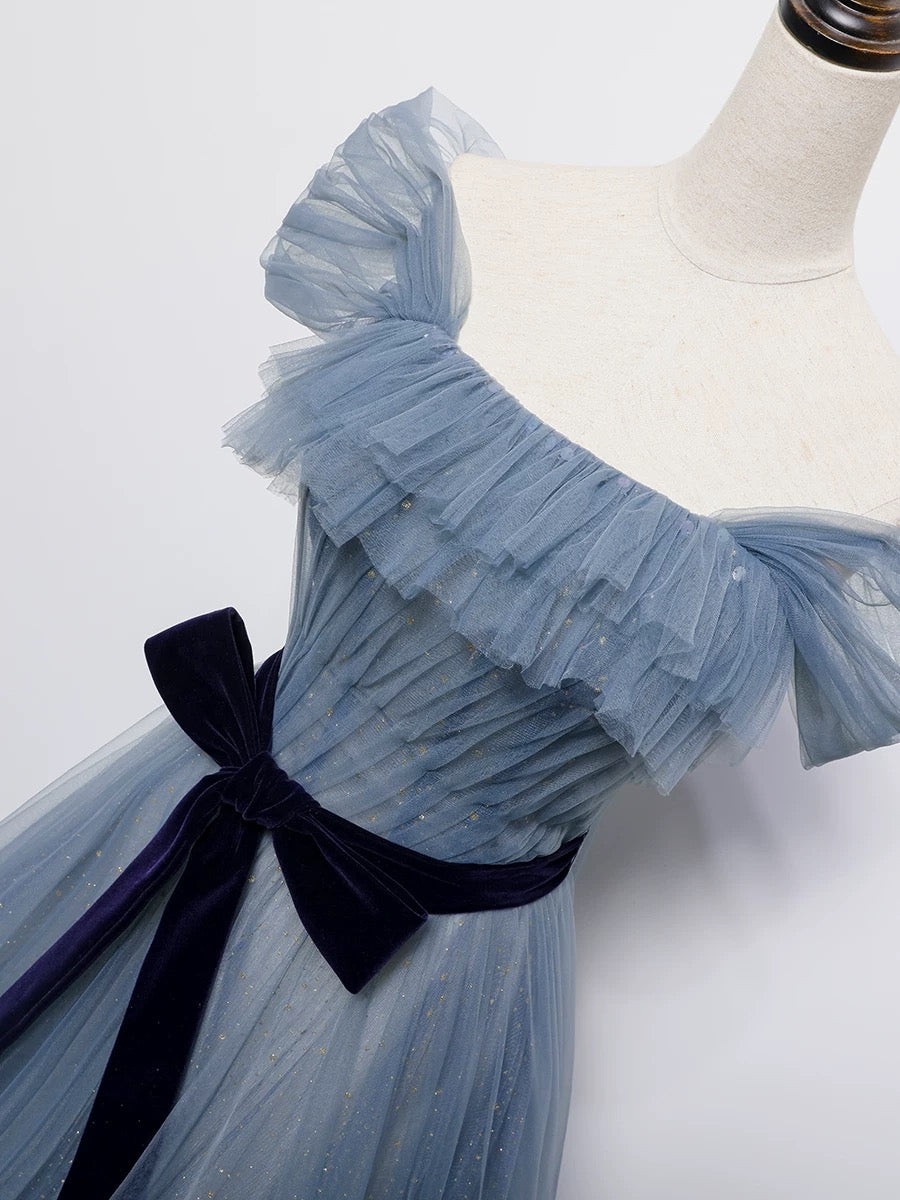 Vintage Ball Gown Off The Shoulder Blue Tulle Long Prom Gown Fairy Prom Dresses SD2798