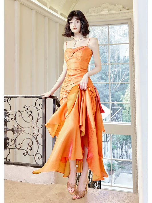 Modest Mermaid Spaghetti Straps Organge Ankle Length Evening Dress Prom Dresses SD2812