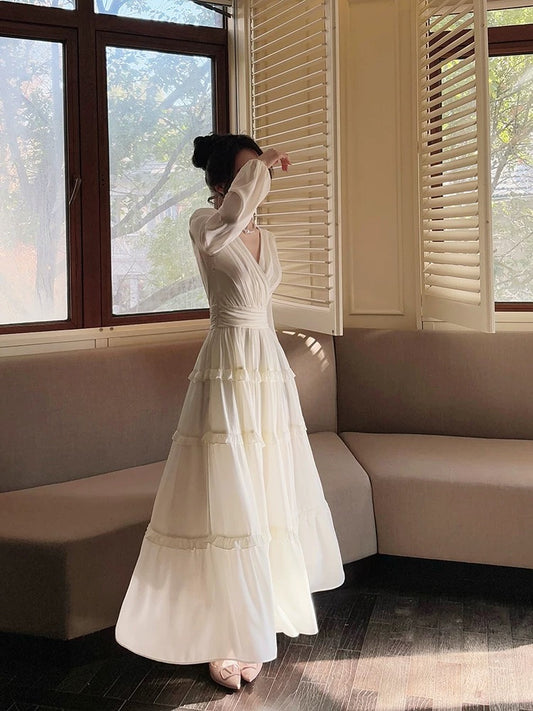 Pretty A Line V Neckline Long Sleeves Chiffon White Ankle Length Evening Dress Prom Dresses SD2825