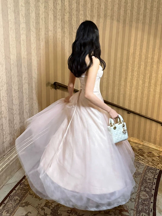 Pretty A Line Spaghetti Straps Tulle Pink Ankle Length Evening Dress Prom Dresses SD2835