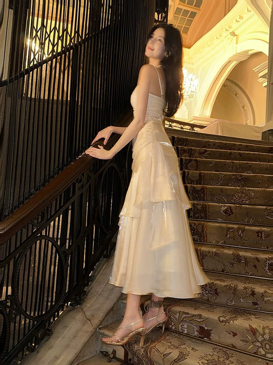 Retro Mermaid Spaghetti Straps Long Length White Evening Dress Prom Dresses SD2840