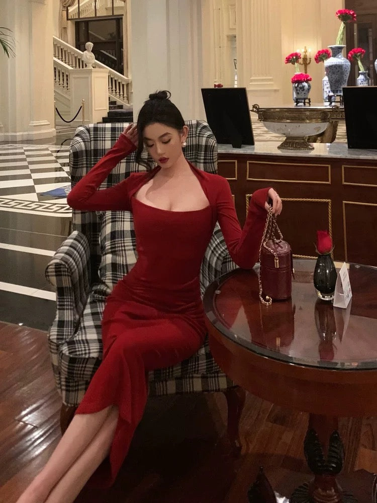 Chic Sheath Long Sleeves Red Prom Dresses Sexy Birthday Outfits SD298