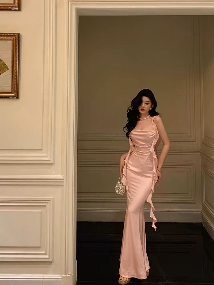 Sexy Mermaid Straps Neckline Backless Silk Satin Pink Slit Prom Dresse SweetDress Sexy Mermaid Straps Neckline Backless Silk Satin Pink Slit Prom Dresse SweetDress