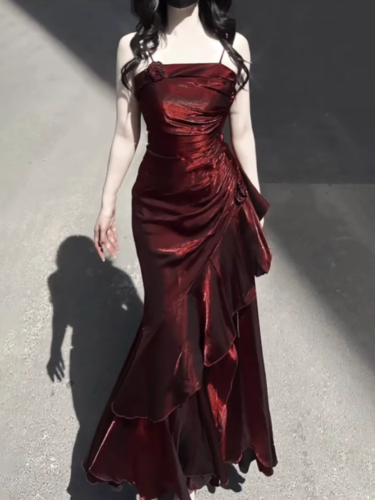 Vintage High Low Spaghetti Straps Burgundy Long Party Dresses Birthday –  SweetDress