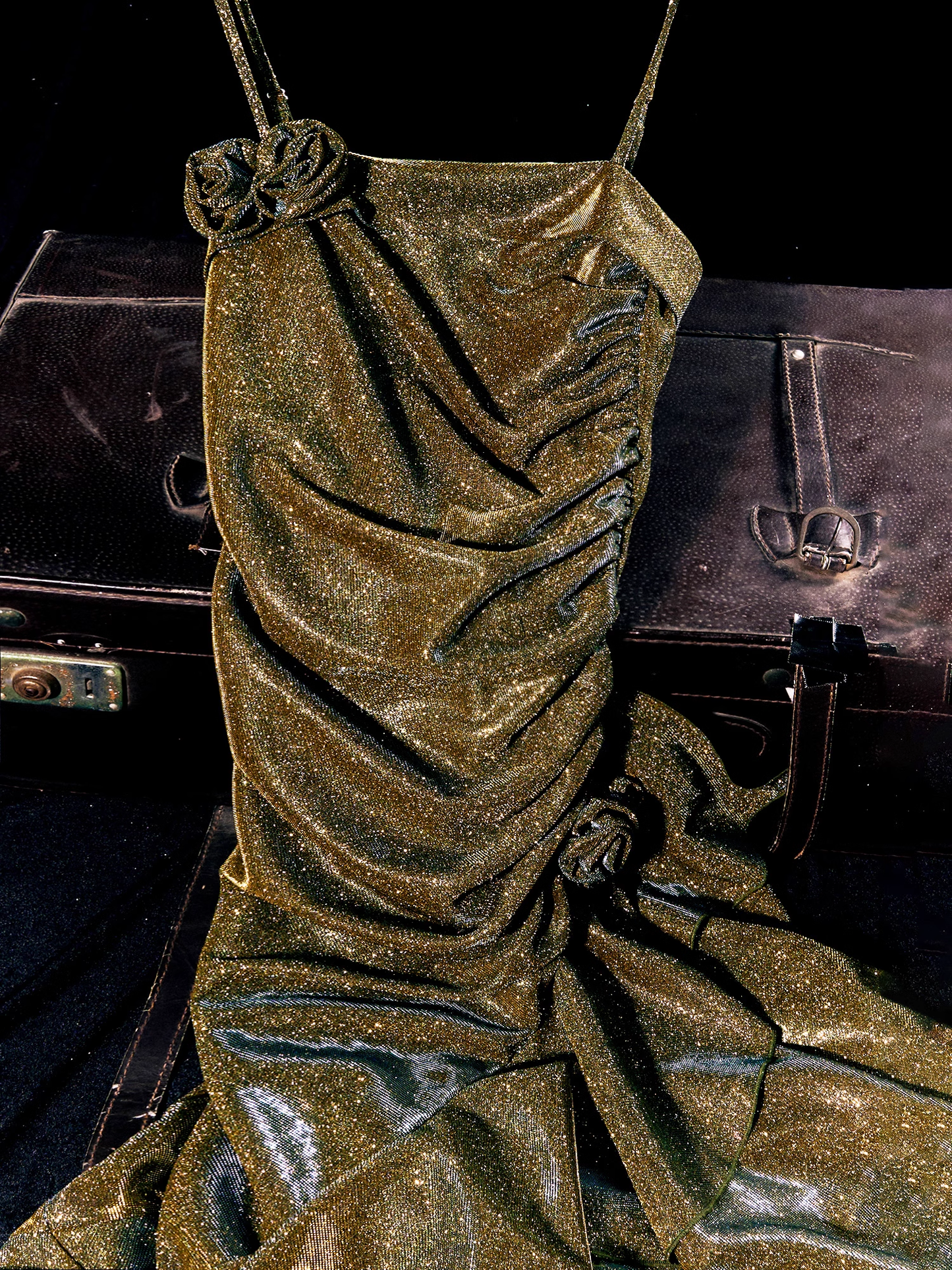 Vintage Mermaid Spaghetti Straps Long Gold Sequin Prom Dresses Birthday Outfits With Flowers SD485