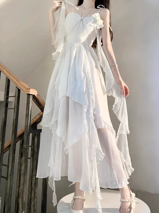 Chic A line Spaghetti Straps Chiffon White Ankle length Birthday Dresses Birthday Outfits SD516