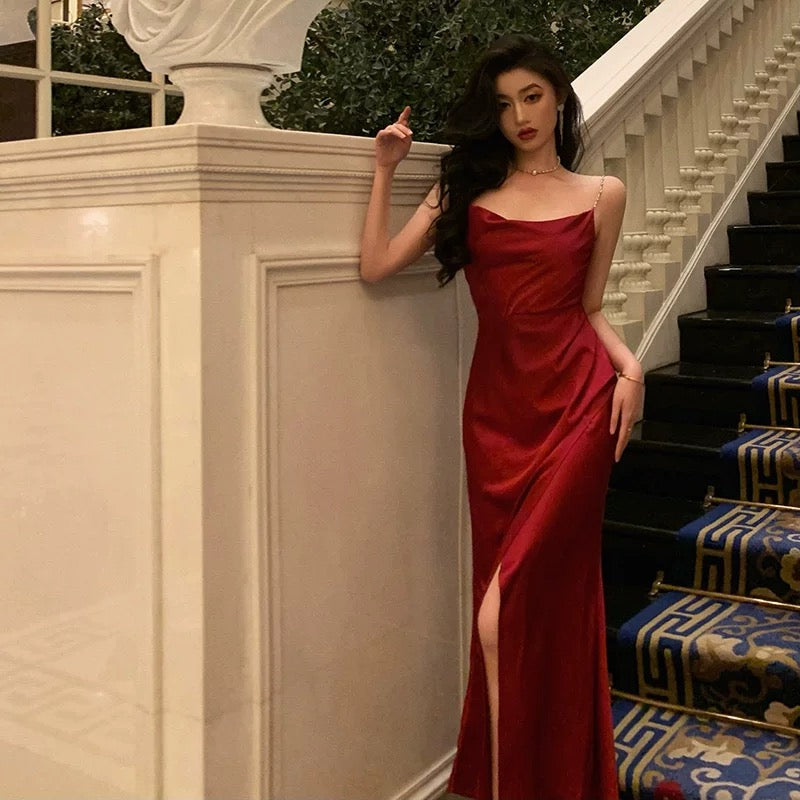 Sexy Sheath Spaghetti Straps Sleeveless Red Ankle Length Prom Dresses Birthday Outfits SD648