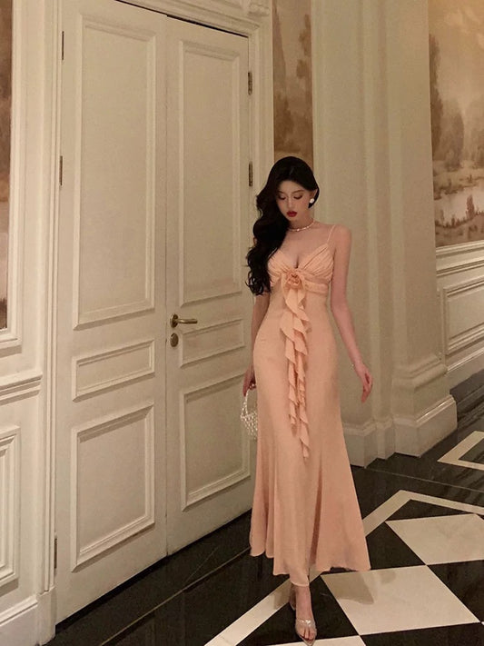 Gorgeous Sheath Spaghetti Straps Pink Chiffon Date Night Dress Prom Dresses Birthday Outfits SD665