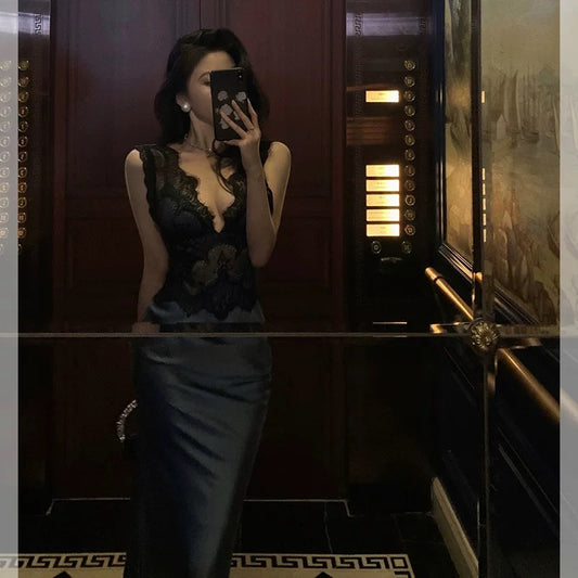 Sexy Sheath V Neckline Sleeveless Navy Blue Tea Length Prom Dresses Birthday Outfits SD713