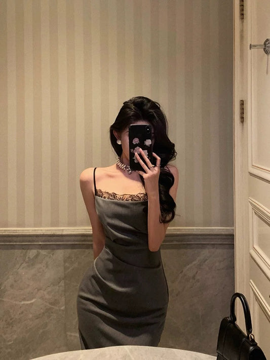 Pretty Sheath Spaghetti Straps Pleated Gray Prom Dresses Birthday Outfits Evening Gown SD805