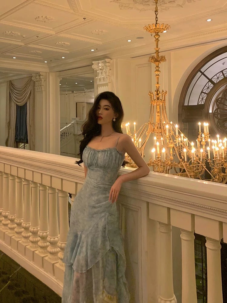 Stunning Sheath Spaghetti Straps Blue Chiffon Ruffles Date Night Dress Prom Dresses Birthday Outfit SD812