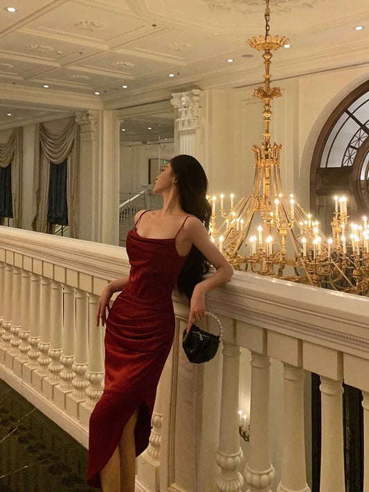 Classy Sheath Spaghetti Straps Red Slit Prom Dresses Birthday Outfits SD851