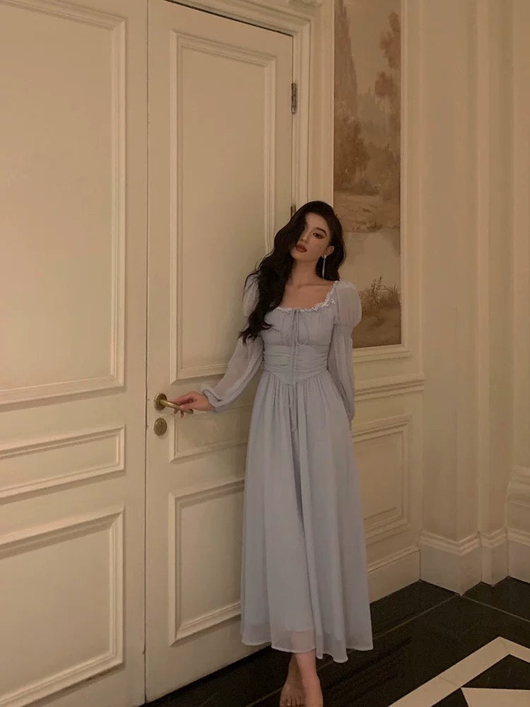 Stunning A line Square Neckline Long Sleeves Chiffon Blue Date Night D – SweetDress