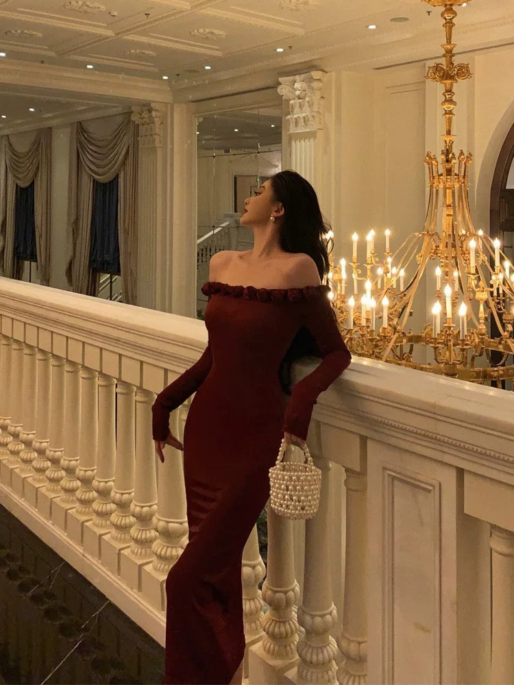 Bow One Shoulder Sheath Long Slit Dress Burgundy