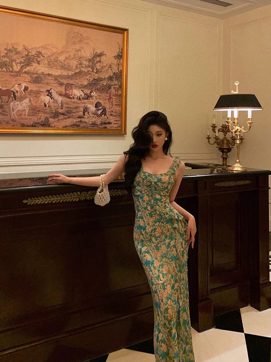 Sexy Mermaid Straps Floral Green Chiffon Prom Dresses Birthday Outfits Evening Gown SD943