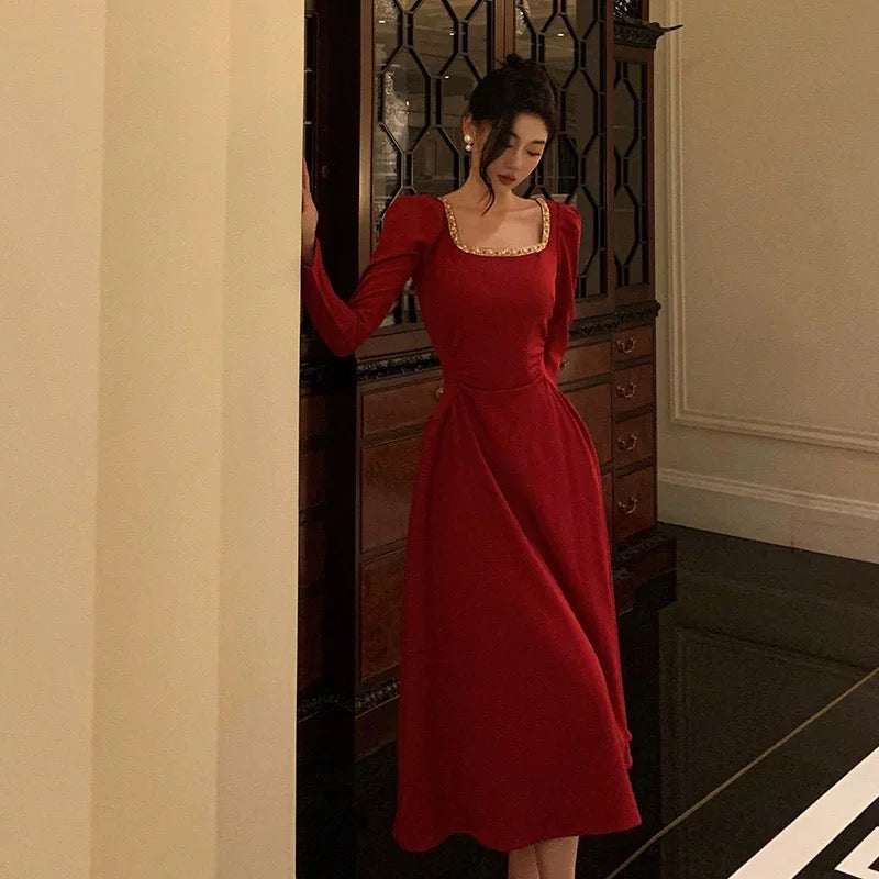 Sexy A Line Square Neckline Red Prom Dresses Birthday Outfits Evening Gown SD979