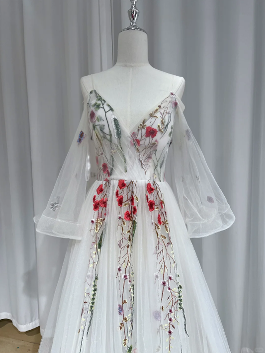 Charming White Tulle Floral V Neck Long Party Dress Birthday Evening Dresses D2467
