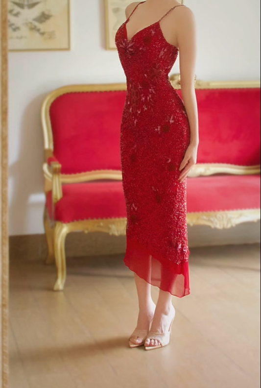 Charming Red Spaghetti Straps Chiffon Floral Beaded Long Party Dress Prom Dress D2887