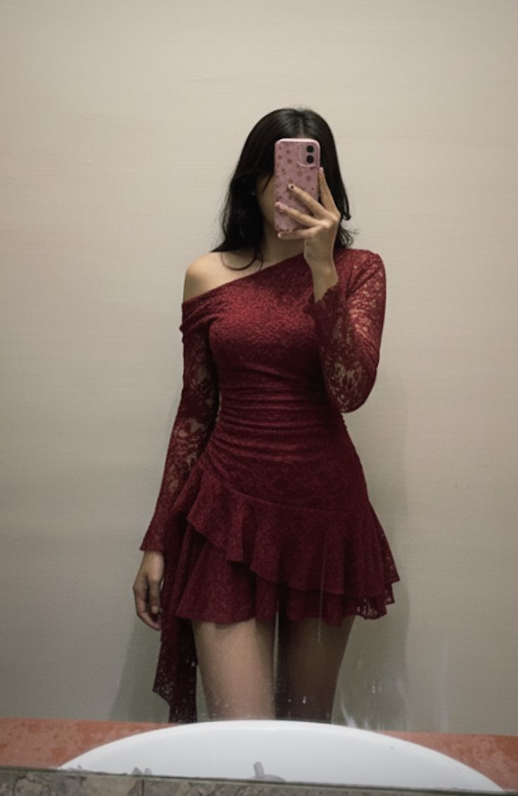 Vintage Burgundy One Shoulder Lace A Line Short Homecoming Dress Birthday Dress D3240
