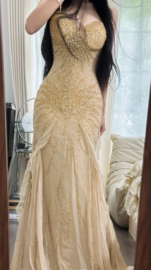Pretty Spaghetti Straps Chiffon Beaded Ruffles Long Party Dress Yellow Mermaid Evening Dress D2308