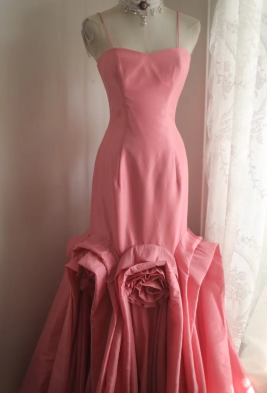 Elegant Spaghetti Straps Pink Satin Pleated Floral Mermaid Long Party Dress Birthday Evening Gown D2210