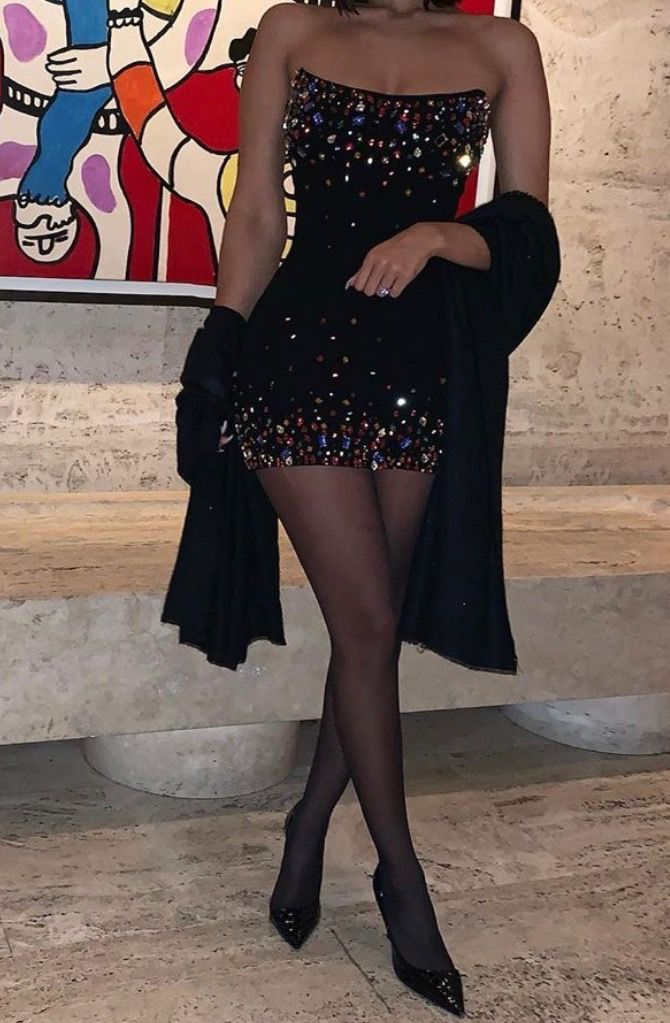 Sexy Black Strapless Satin Beaded Bodycon Cocktail Dress,Short Homecoming Dress D3235
