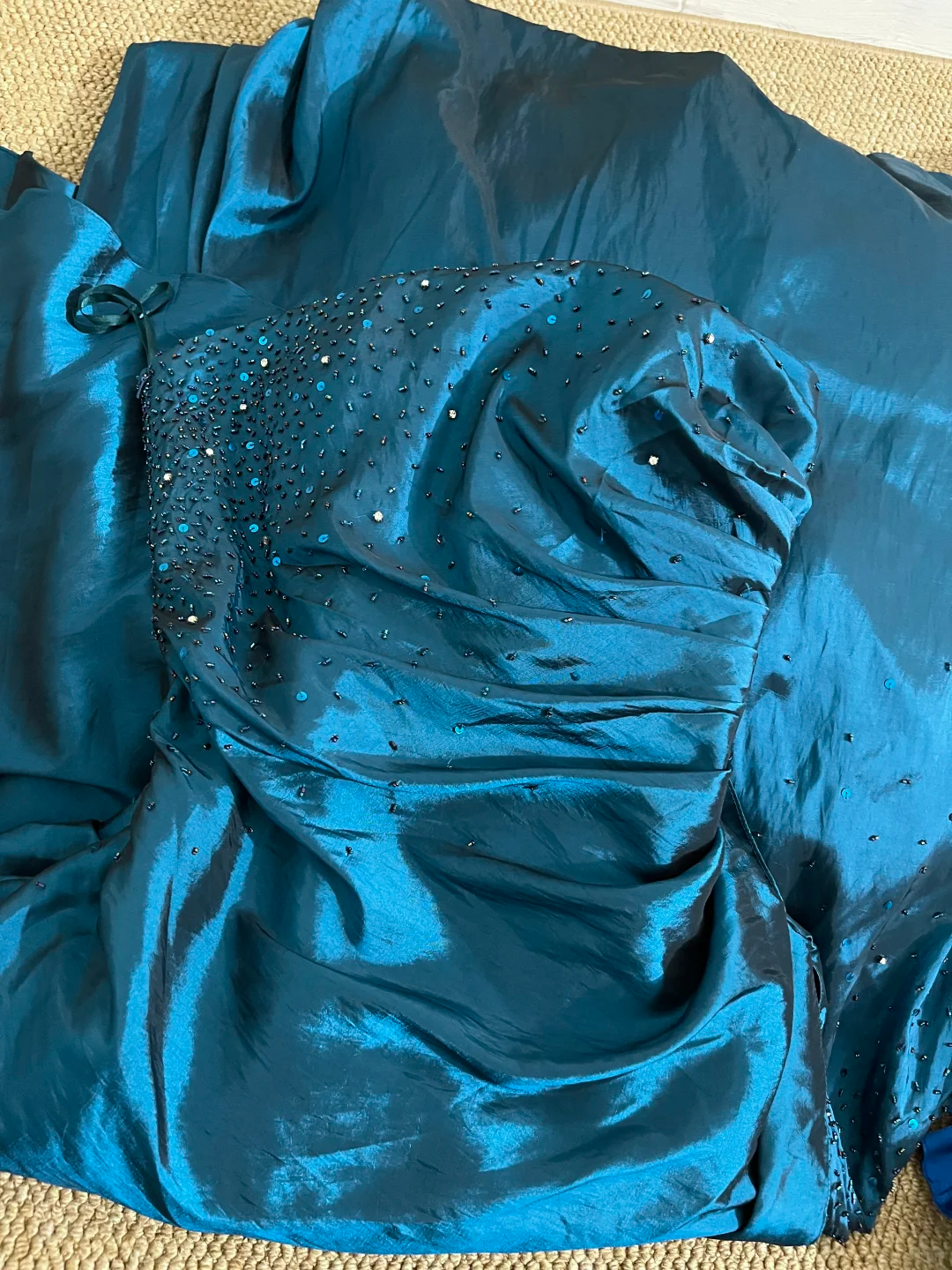 Vintage Blue Strapless Satin Beaded Long Prom Dress Party Dress D2853