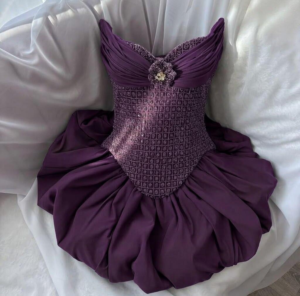 Retro Purple Strapless Satin Beaded A Line Short Homecoming Dress Cocktail Dress D4144