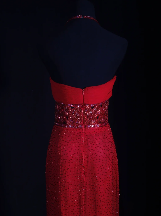 Pretty Red Halter Chiffon Beaded Sheath Long Prom Dress Birthday Evening Dress D2256
