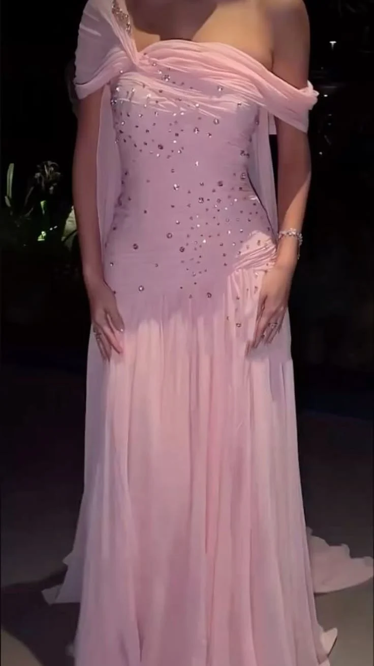 Classy Off The Shoulder Pink Chiffon Beaded Long Prom Dresses Evening Dress D4864