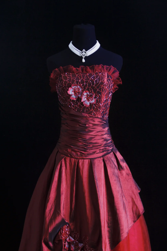 Vintage Burgundy Strapless Satin Tulle Beaded A Line Long Evening Dress Birthday Prom Gown D1662