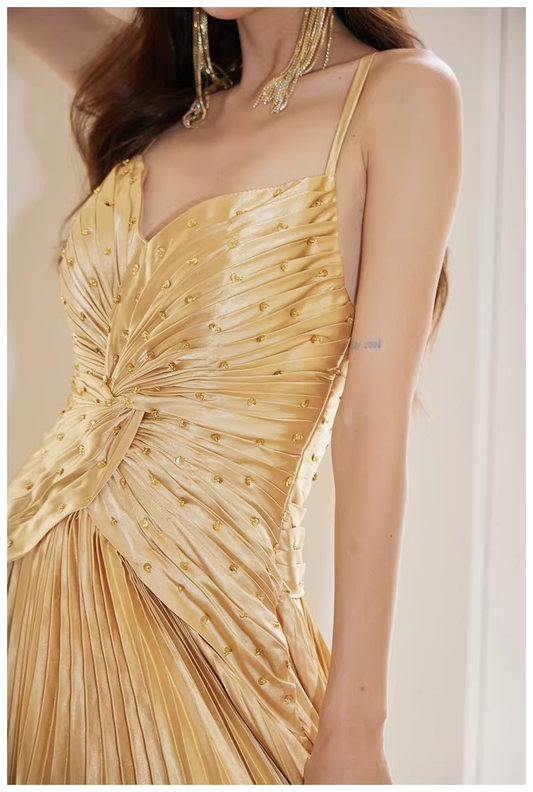 Gorgeous Spaghetti Straps Gold Satin Pleated Beaded A Line Long Evening Dress Birthday Dress D2406