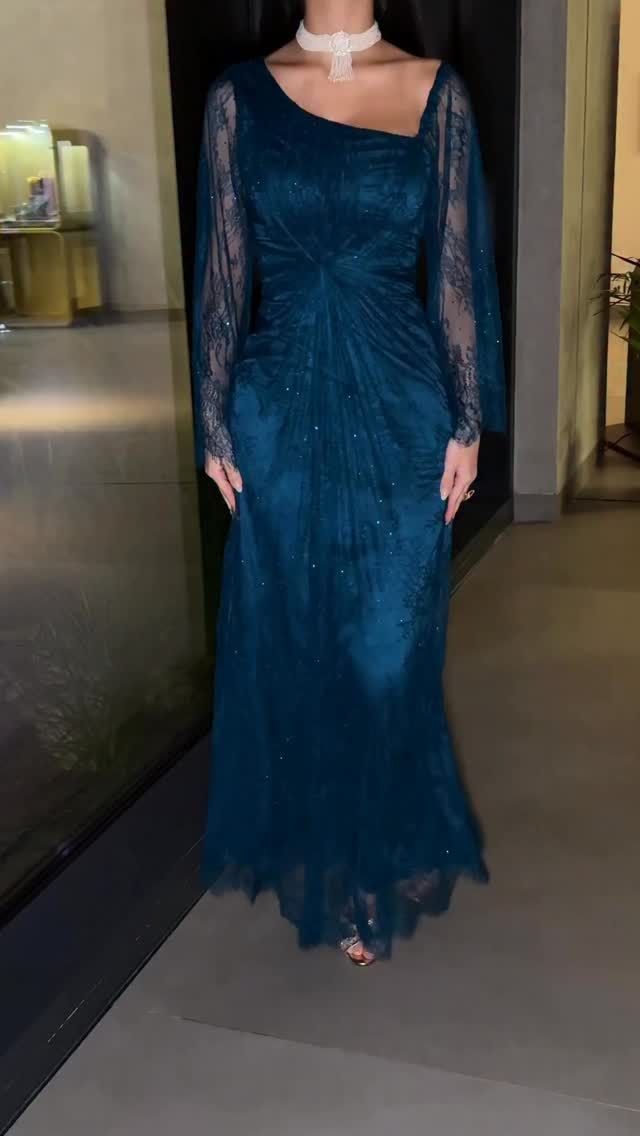 Charming Blue Lace Sequin Mermaid Long Evening Dress Party Gown D4924