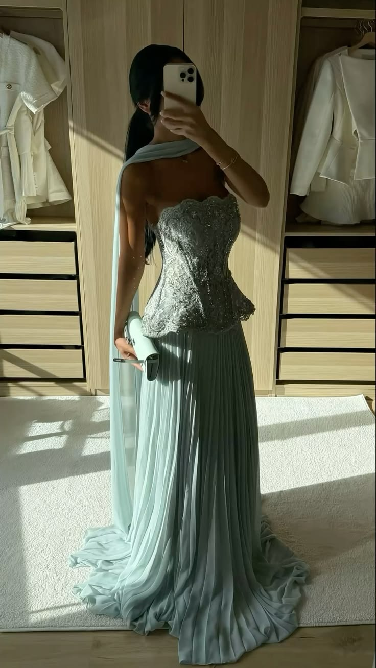 Elegant Blue Strapless Chiffon Pleated Long Evening Dress Formal Long Wedding Guest Dress D4822