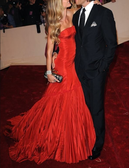 Gorgeous Strapless Satin Ruched Mermaid Long Evening Dress,Red Party Dress D3421