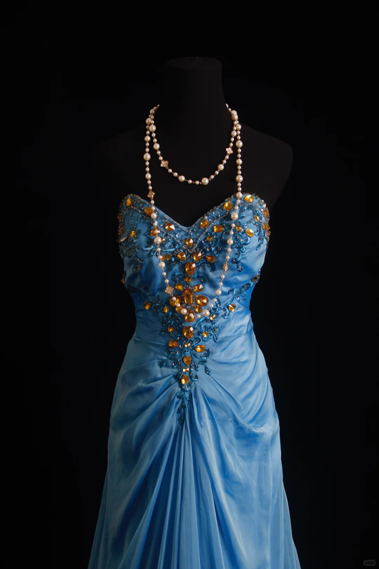 Charming Sweetheart Neck Blue Satin Chiffon Embroidery Beaded Mermaid Long Birthday Dress Party Gown D2858
