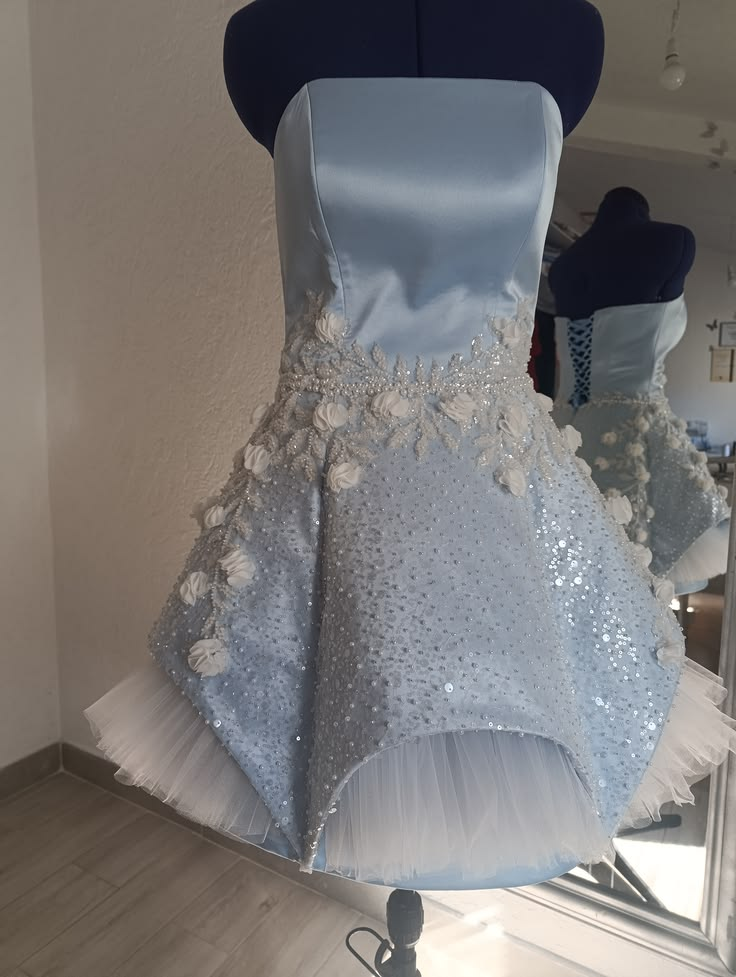 Glamorous Blue Tulle Satin Beaded Floral A Line Short Graduation Homecoming Dress,Strapless Short Prom Dress D3992