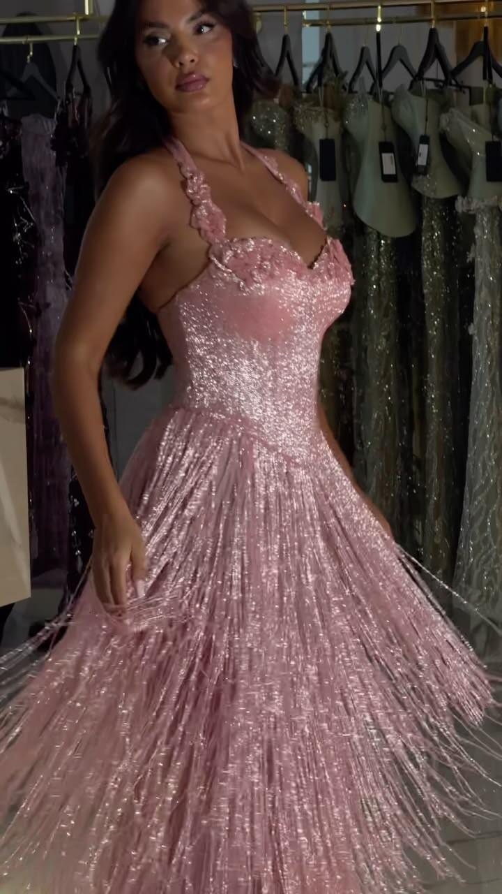 Shiny Spaghetti Straps Pink Sequin Tassel Long Party Dress Evening Dress D4467